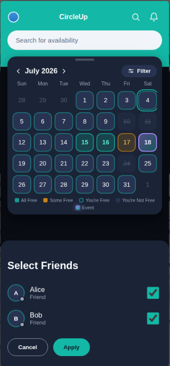 CircleUp's shared availability calendar, showing color-coded days for when everyone in a friend group is free